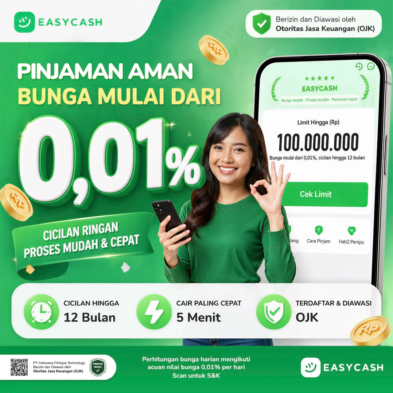 Easycash 绿色人物与手机产品界面广告